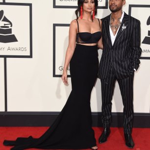 Miguel Fiance Nazanin Mandi wearing Alexandre Vauthier at Grammys red carpet 2016 /The 58th GRAMMY Awards
